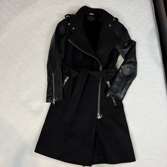 Mackage Dale Black Trench Coat with Leather Sleeves - Picture 15 of 16